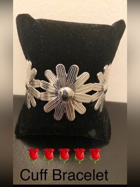 Silver Floral Daisy Statement Cuff Bracelet